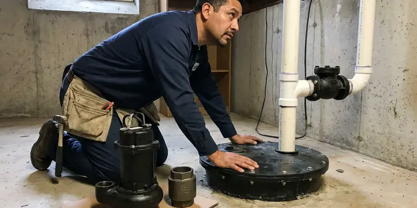 FGV Plumbing technician providing basement sump pump installation in Kansas City